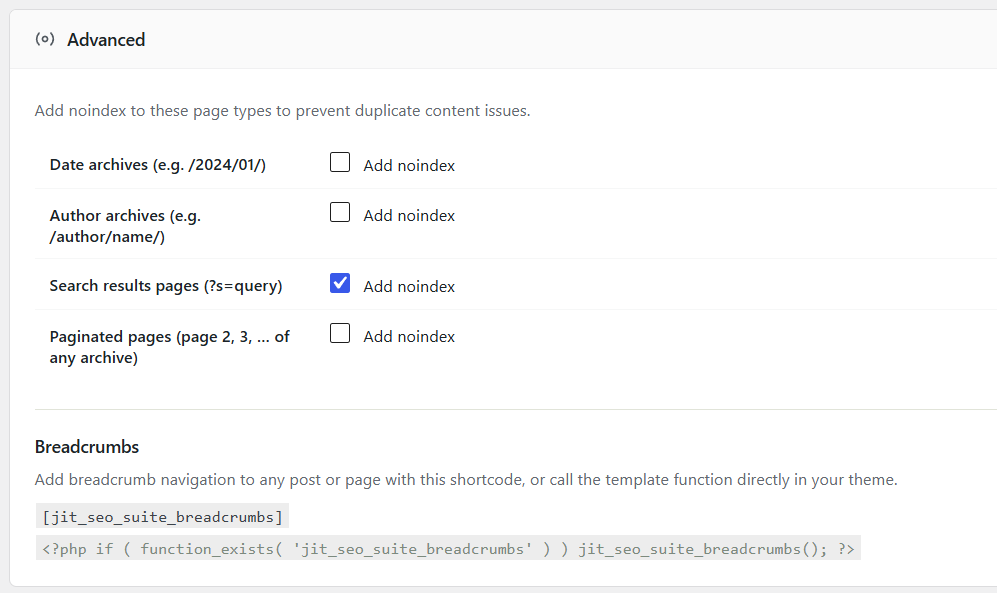 Real screenshot of JitSEO Suite's Advanced archive noindex controls and Breadcrumbs shortcode section